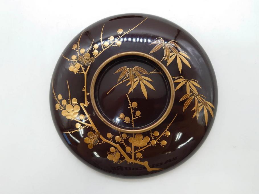 明治～大正期　輪島塗　沈金蒔絵　木製　梅竹図　艶やかな質感が美しい蓋付お椀6客セット(漆器、漆芸、金彩、和食器)(R-077230)