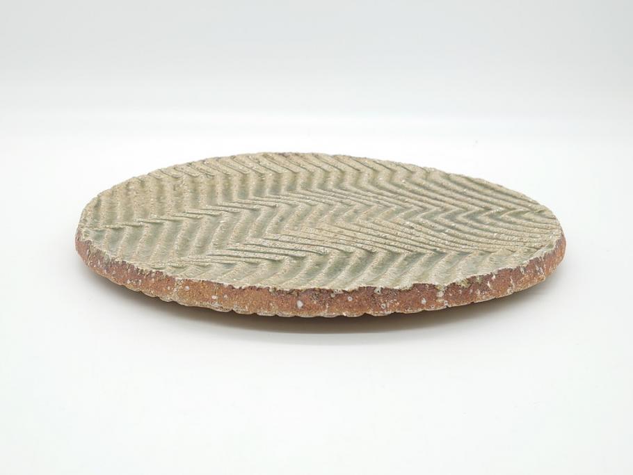 坂田甚内 益子焼 9寸皿 約27cm 波文 灰釉鎬手皿(共箱付き、九寸