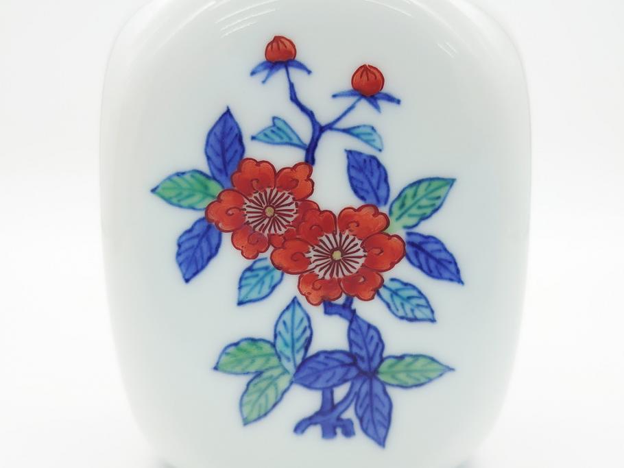 今泉今右衛門　今泉陶園　綿花画花瓶(共箱付き、花器、赤絵、色絵付)(R-062278)