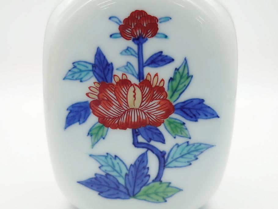 今泉今右衛門　今泉陶園　綿花画花瓶(共箱付き、花器、赤絵、色絵付)(R-062278)