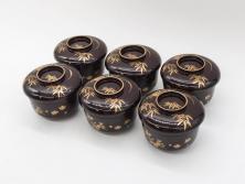 明治～大正期　輪島塗　沈金蒔絵　木製　菊梅竹図　艶やかな質感が美しい蓋付お椀6客セット(漆器、漆芸、金彩、和食器)(R-077231)