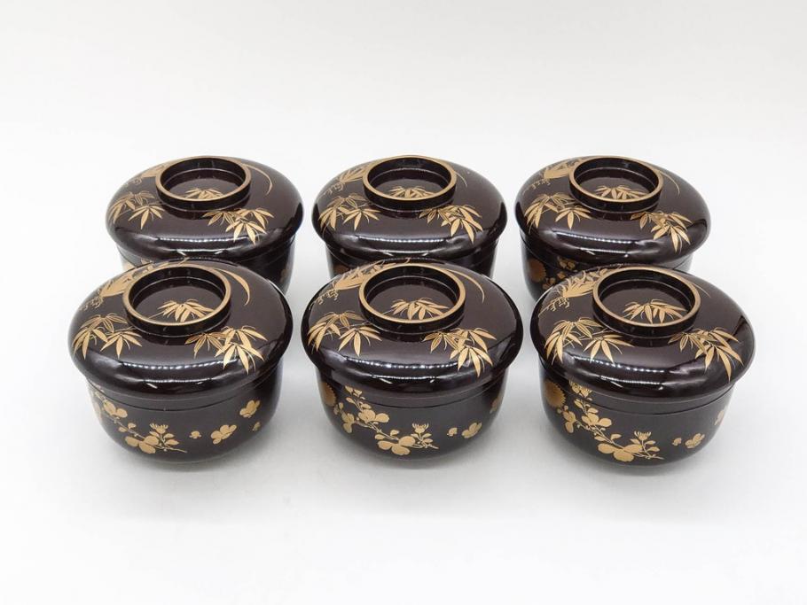 明治～大正期　輪島塗　沈金蒔絵　木製　菊梅竹図　艶やかな質感が美しい蓋付お椀6客セット(漆器、漆芸、金彩、和食器)(R-077231)
