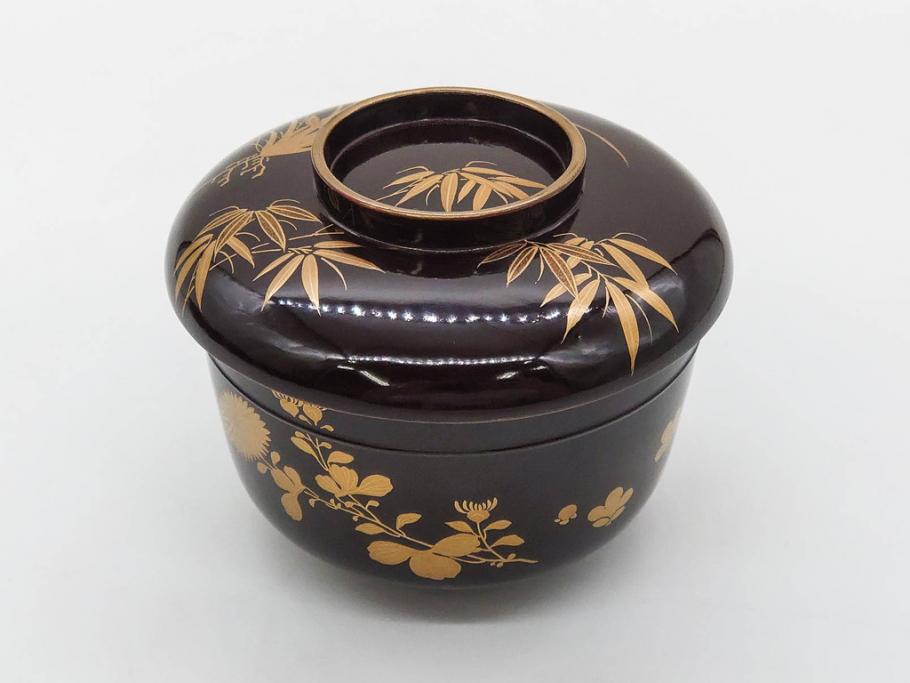 明治～大正期　輪島塗　沈金蒔絵　木製　菊梅竹図　艶やかな質感が美しい蓋付お椀6客セット(漆器、漆芸、金彩、和食器)(R-077231)