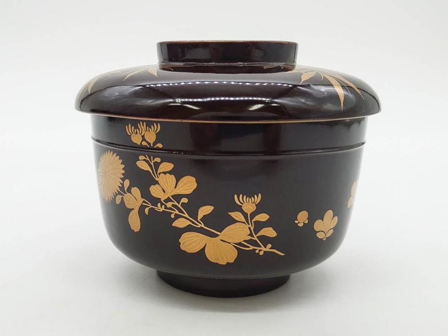 明治～大正期　輪島塗　沈金蒔絵　木製　菊梅竹図　艶やかな質感が美しい蓋付お椀6客セット(漆器、漆芸、金彩、和食器)(R-077231)