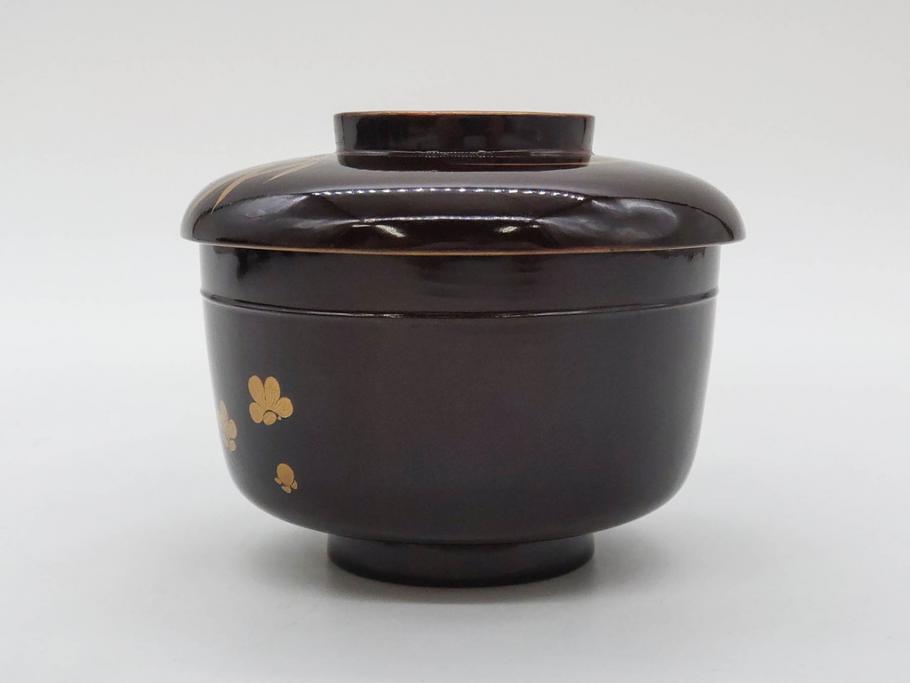 明治～大正期　輪島塗　沈金蒔絵　木製　菊梅竹図　艶やかな質感が美しい蓋付お椀6客セット(漆器、漆芸、金彩、和食器)(R-077231)