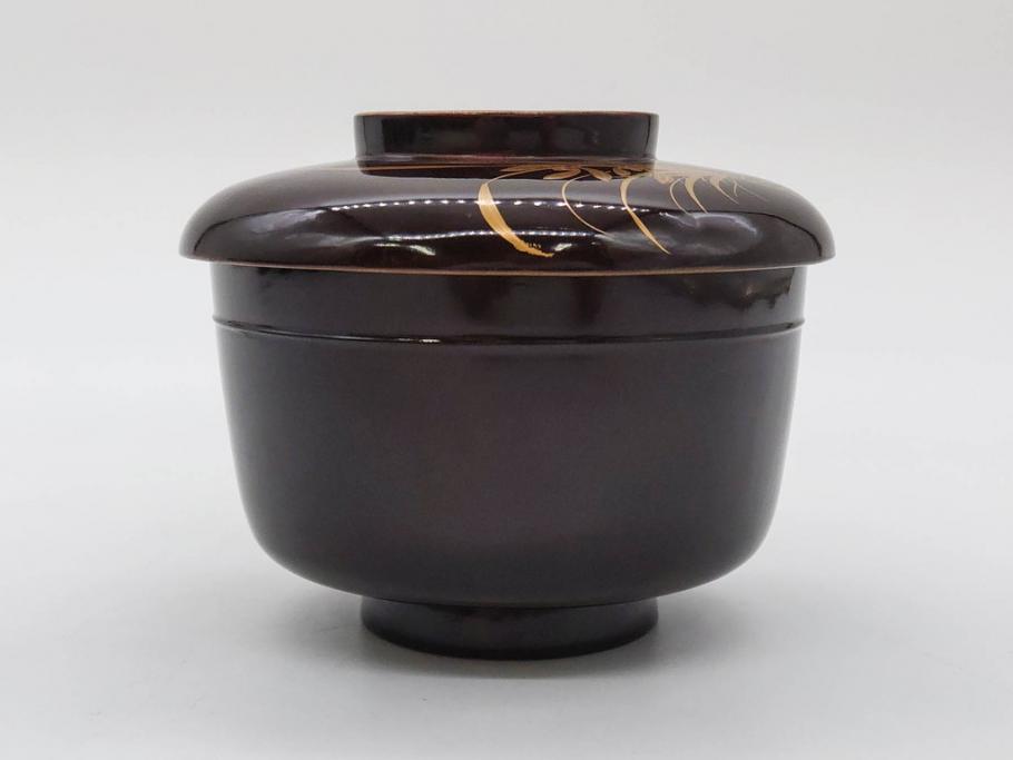明治～大正期　輪島塗　沈金蒔絵　木製　菊梅竹図　艶やかな質感が美しい蓋付お椀6客セット(漆器、漆芸、金彩、和食器)(R-077231)
