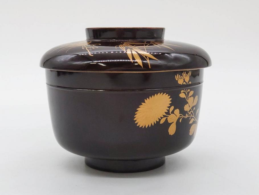 明治～大正期　輪島塗　沈金蒔絵　木製　菊梅竹図　艶やかな質感が美しい蓋付お椀6客セット(漆器、漆芸、金彩、和食器)(R-077231)