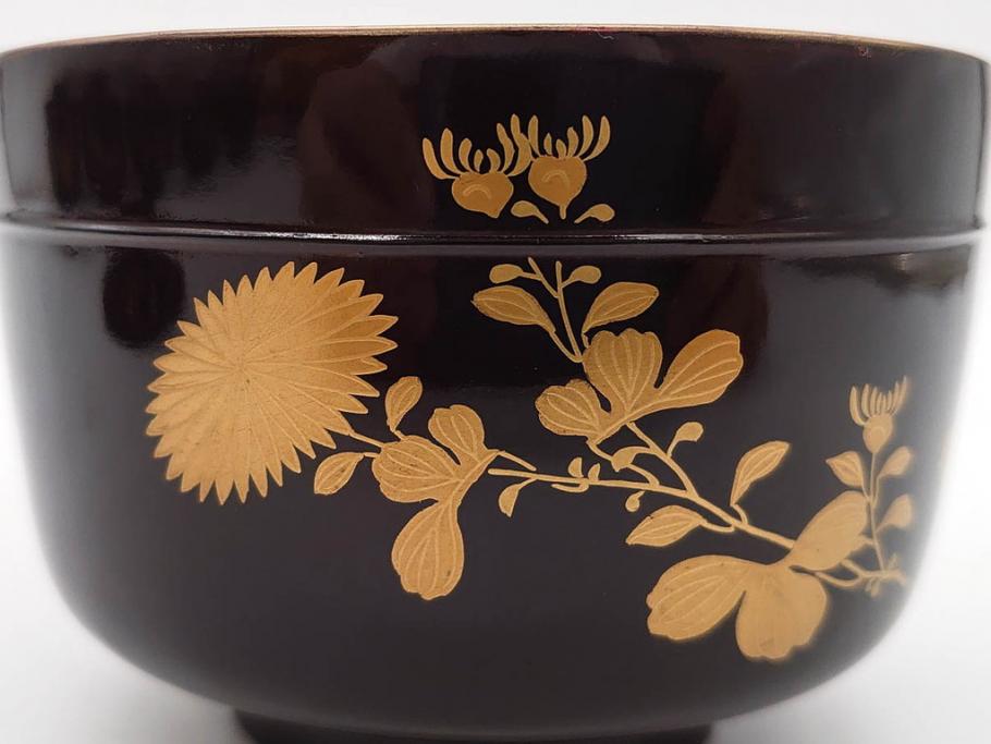明治～大正期　輪島塗　沈金蒔絵　木製　菊梅竹図　艶やかな質感が美しい蓋付お椀6客セット(漆器、漆芸、金彩、和食器)(R-077231)