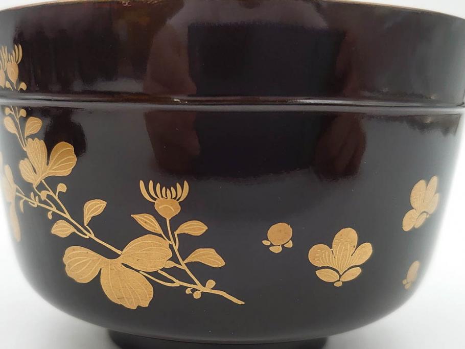 明治～大正期　輪島塗　沈金蒔絵　木製　菊梅竹図　艶やかな質感が美しい蓋付お椀6客セット(漆器、漆芸、金彩、和食器)(R-077231)