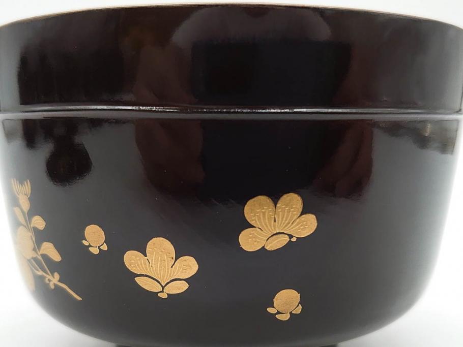 明治～大正期　輪島塗　沈金蒔絵　木製　菊梅竹図　艶やかな質感が美しい蓋付お椀6客セット(漆器、漆芸、金彩、和食器)(R-077231)