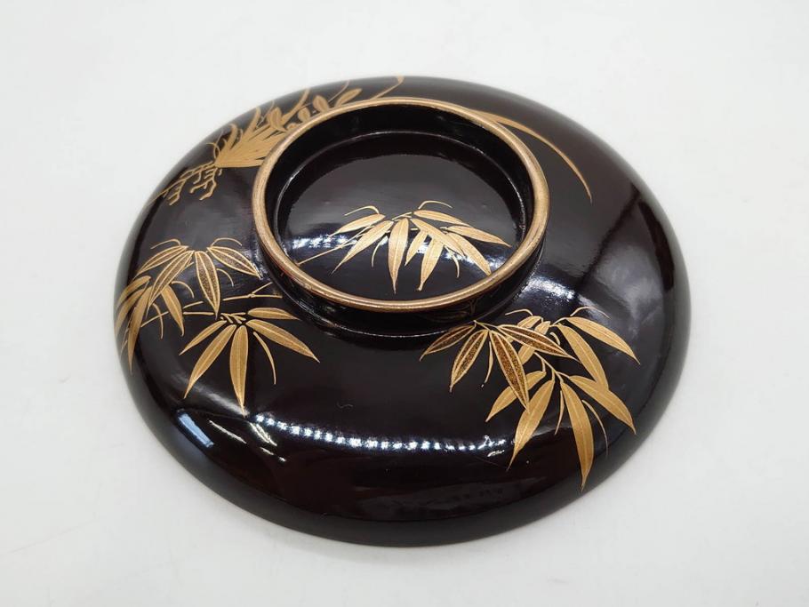 明治～大正期　輪島塗　沈金蒔絵　木製　菊梅竹図　艶やかな質感が美しい蓋付お椀6客セット(漆器、漆芸、金彩、和食器)(R-077231)