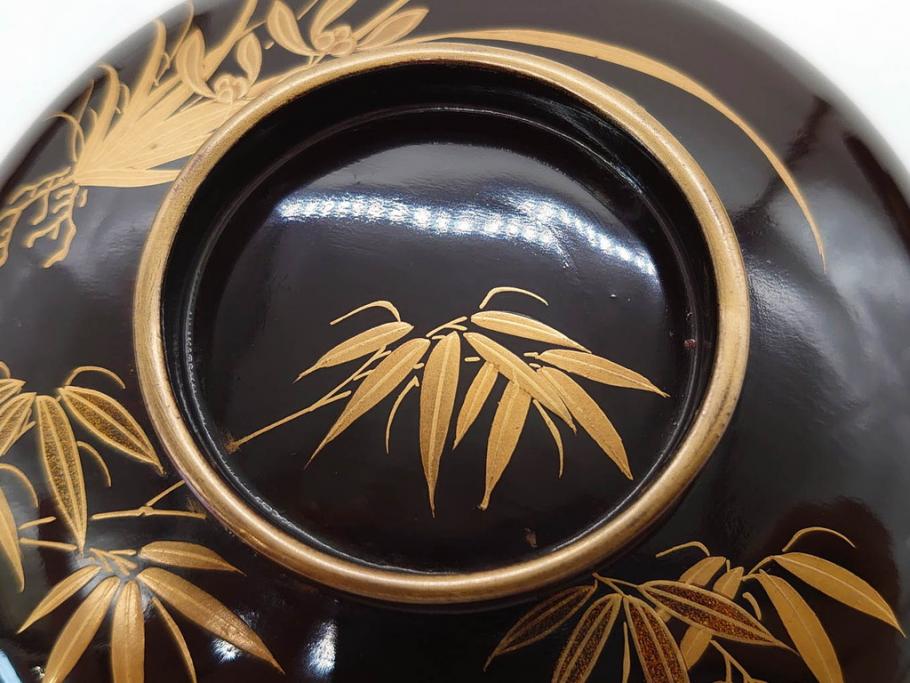 明治～大正期　輪島塗　沈金蒔絵　木製　菊梅竹図　艶やかな質感が美しい蓋付お椀6客セット(漆器、漆芸、金彩、和食器)(R-077231)