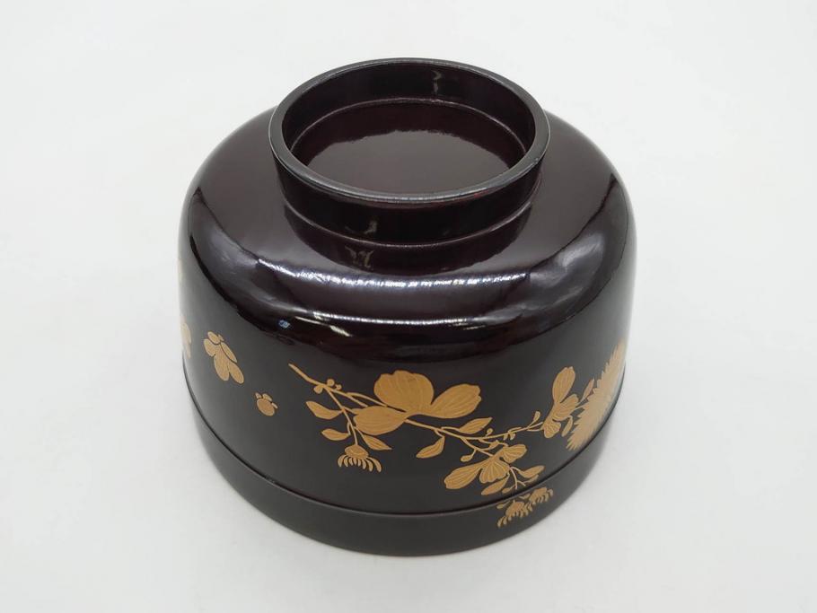 明治～大正期　輪島塗　沈金蒔絵　木製　菊梅竹図　艶やかな質感が美しい蓋付お椀6客セット(漆器、漆芸、金彩、和食器)(R-077231)