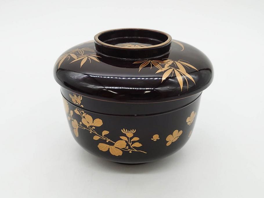 明治～大正期　輪島塗　沈金蒔絵　木製　菊梅竹図　艶やかな質感が美しい蓋付お椀6客セット(漆器、漆芸、金彩、和食器)(R-077231)