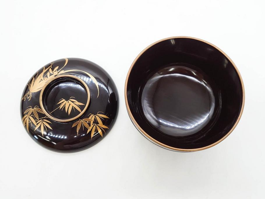 明治～大正期　輪島塗　沈金蒔絵　木製　菊梅竹図　艶やかな質感が美しい蓋付お椀6客セット(漆器、漆芸、金彩、和食器)(R-077231)