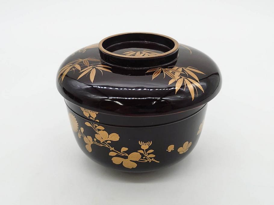 明治～大正期　輪島塗　沈金蒔絵　木製　菊梅竹図　艶やかな質感が美しい蓋付お椀6客セット(漆器、漆芸、金彩、和食器)(R-077231)