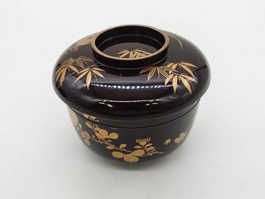 明治～大正期　輪島塗　沈金蒔絵　木製　菊梅竹図　艶やかな質感が美しい蓋付お椀6客セット(漆器、漆芸、金彩、和食器)(R-077231)