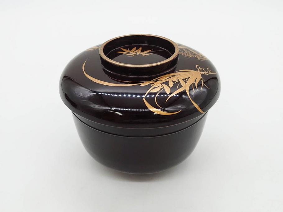 明治～大正期　輪島塗　沈金蒔絵　木製　菊梅竹図　艶やかな質感が美しい蓋付お椀6客セット(漆器、漆芸、金彩、和食器)(R-077231)