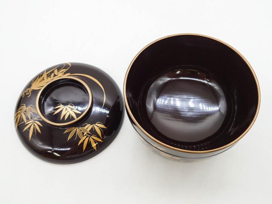 明治～大正期　輪島塗　沈金蒔絵　木製　菊梅竹図　艶やかな質感が美しい蓋付お椀6客セット(漆器、漆芸、金彩、和食器)(R-077231)