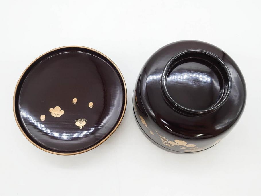 明治～大正期　輪島塗　沈金蒔絵　木製　菊梅竹図　艶やかな質感が美しい蓋付お椀6客セット(漆器、漆芸、金彩、和食器)(R-077231)