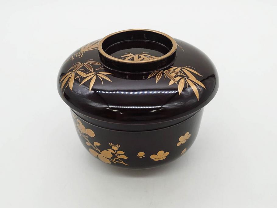 明治～大正期　輪島塗　沈金蒔絵　木製　菊梅竹図　艶やかな質感が美しい蓋付お椀6客セット(漆器、漆芸、金彩、和食器)(R-077231)