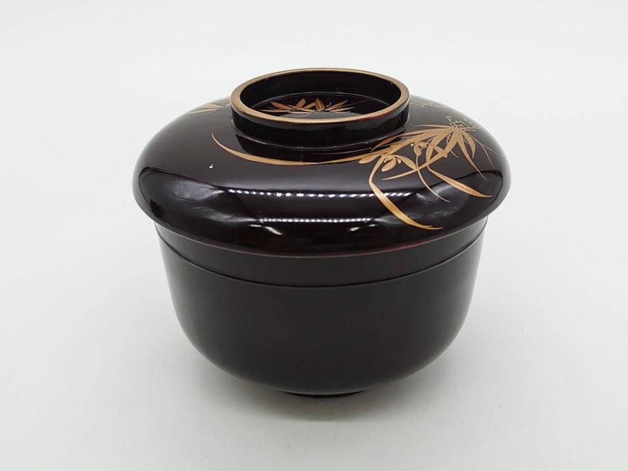 明治～大正期　輪島塗　沈金蒔絵　木製　菊梅竹図　艶やかな質感が美しい蓋付お椀6客セット(漆器、漆芸、金彩、和食器)(R-077231)