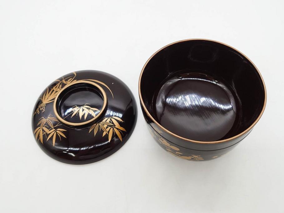 明治～大正期　輪島塗　沈金蒔絵　木製　菊梅竹図　艶やかな質感が美しい蓋付お椀6客セット(漆器、漆芸、金彩、和食器)(R-077231)