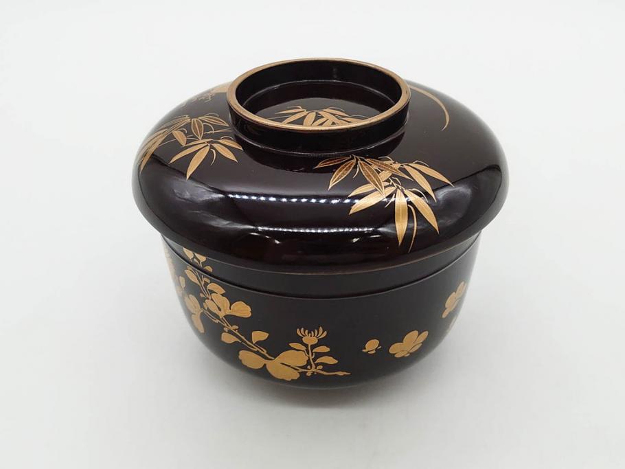 明治～大正期　輪島塗　沈金蒔絵　木製　菊梅竹図　艶やかな質感が美しい蓋付お椀6客セット(漆器、漆芸、金彩、和食器)(R-077231)