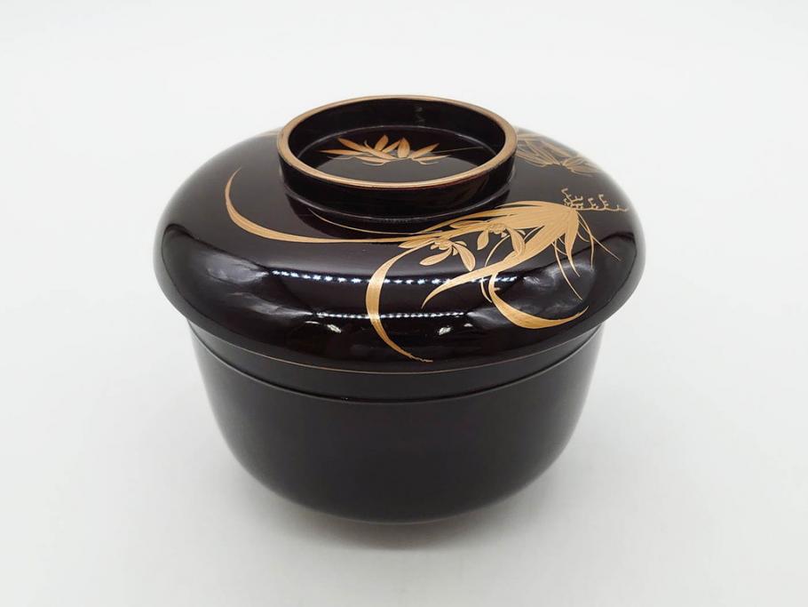 明治～大正期　輪島塗　沈金蒔絵　木製　菊梅竹図　艶やかな質感が美しい蓋付お椀6客セット(漆器、漆芸、金彩、和食器)(R-077231)