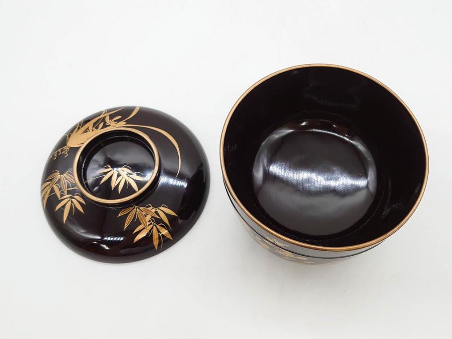 明治～大正期　輪島塗　沈金蒔絵　木製　菊梅竹図　艶やかな質感が美しい蓋付お椀6客セット(漆器、漆芸、金彩、和食器)(R-077231)