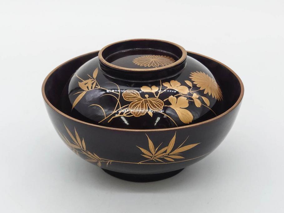 明治～大正期　輪島塗　沈金蒔絵　木製　菊竹図　雅やかな図柄が素敵な蓋付お椀6客セット(漆器、漆芸、金彩、和食器)(R-077232)