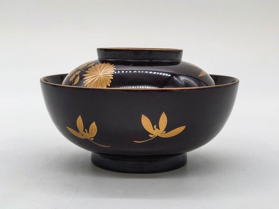 明治～大正期　輪島塗　沈金蒔絵　木製　菊竹図　雅やかな図柄が素敵な蓋付お椀6客セット(漆器、漆芸、金彩、和食器)(R-077232)