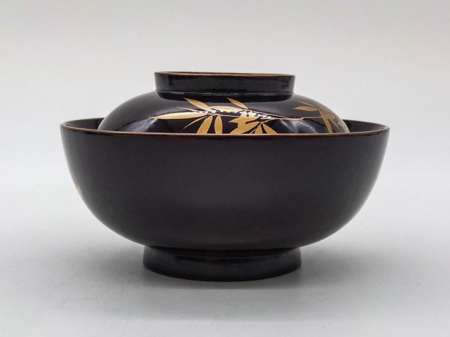 明治～大正期　輪島塗　沈金蒔絵　木製　菊竹図　雅やかな図柄が素敵な蓋付お椀6客セット(漆器、漆芸、金彩、和食器)(R-077232)
