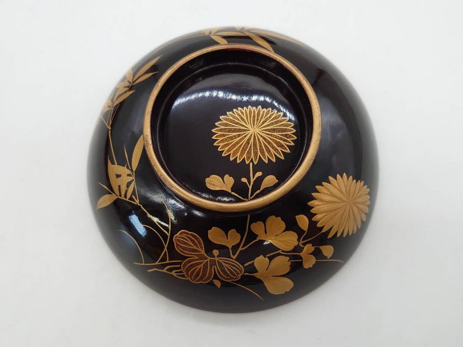 明治～大正期　輪島塗　沈金蒔絵　木製　菊竹図　雅やかな図柄が素敵な蓋付お椀6客セット(漆器、漆芸、金彩、和食器)(R-077232)