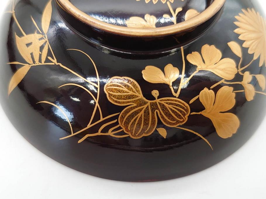 明治～大正期　輪島塗　沈金蒔絵　木製　菊竹図　雅やかな図柄が素敵な蓋付お椀6客セット(漆器、漆芸、金彩、和食器)(R-077232)