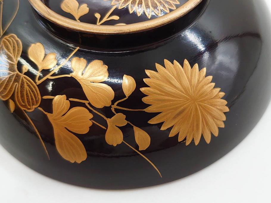 明治～大正期　輪島塗　沈金蒔絵　木製　菊竹図　雅やかな図柄が素敵な蓋付お椀6客セット(漆器、漆芸、金彩、和食器)(R-077232)
