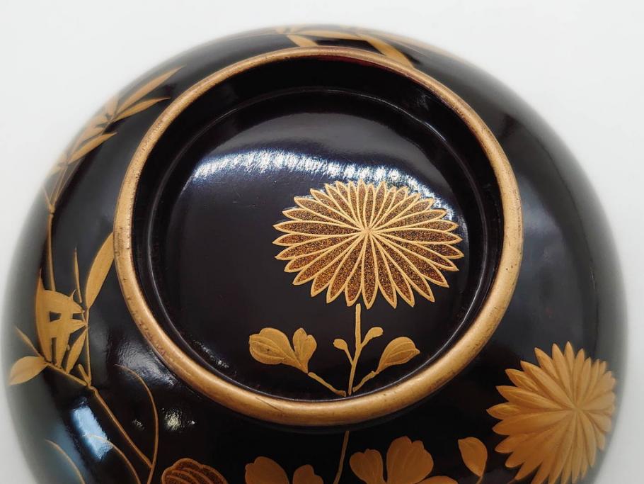 明治～大正期　輪島塗　沈金蒔絵　木製　菊竹図　雅やかな図柄が素敵な蓋付お椀6客セット(漆器、漆芸、金彩、和食器)(R-077232)