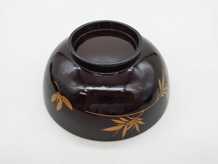 明治～大正期　輪島塗　沈金蒔絵　木製　菊竹図　雅やかな図柄が素敵な蓋付お椀6客セット(漆器、漆芸、金彩、和食器)(R-077232)