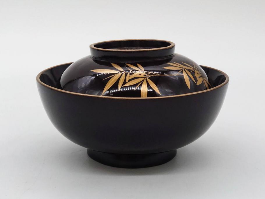 明治～大正期　輪島塗　沈金蒔絵　木製　菊竹図　雅やかな図柄が素敵な蓋付お椀6客セット(漆器、漆芸、金彩、和食器)(R-077232)