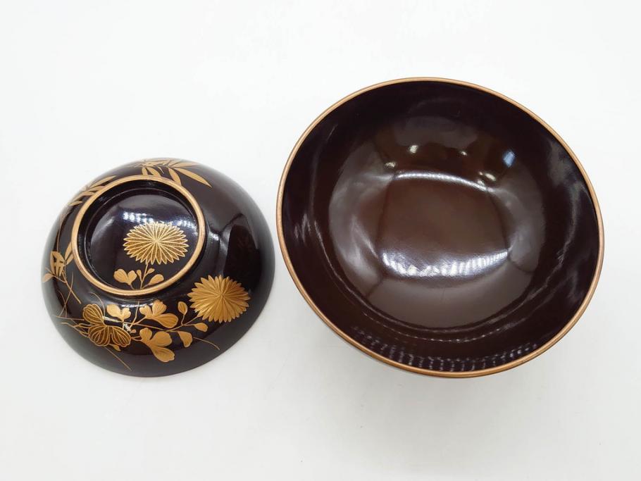 明治～大正期　輪島塗　沈金蒔絵　木製　菊竹図　雅やかな図柄が素敵な蓋付お椀6客セット(漆器、漆芸、金彩、和食器)(R-077232)