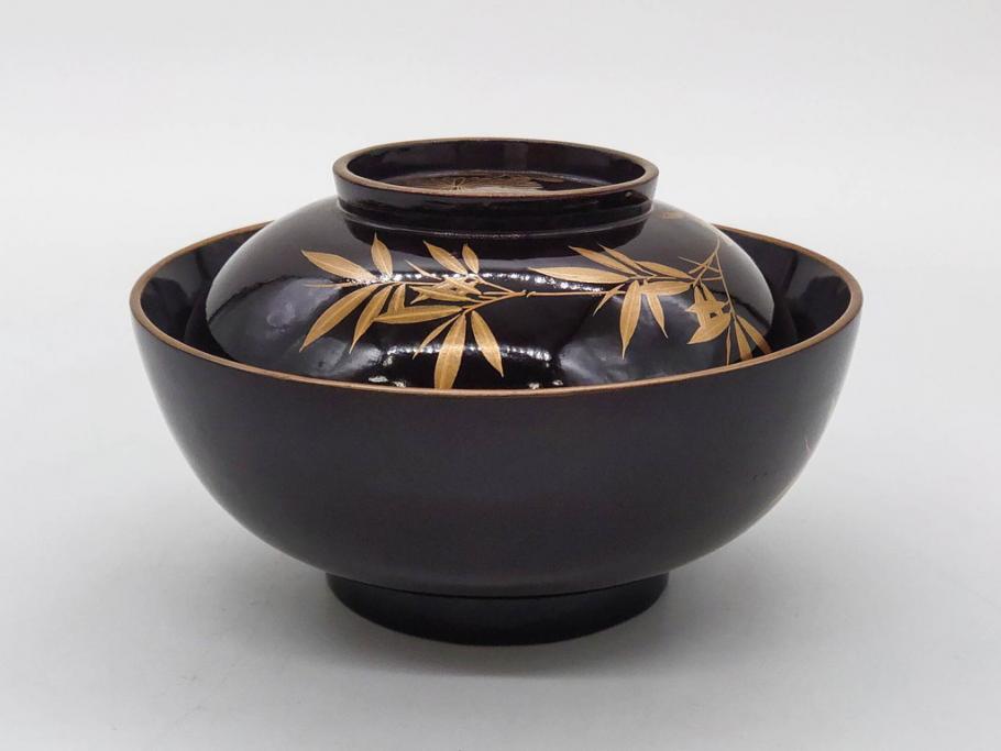 明治～大正期　輪島塗　沈金蒔絵　木製　菊竹図　雅やかな図柄が素敵な蓋付お椀6客セット(漆器、漆芸、金彩、和食器)(R-077232)
