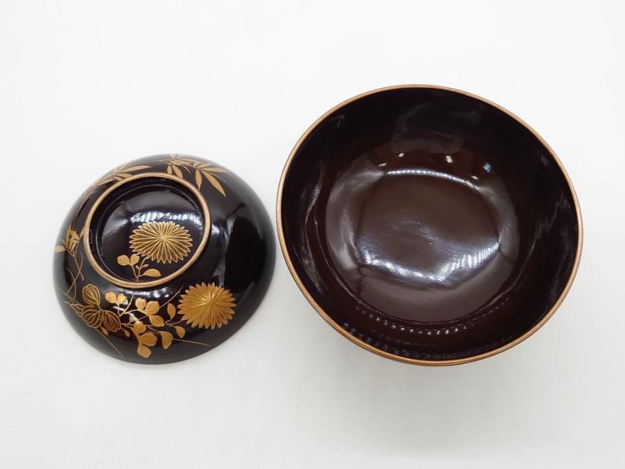 明治～大正期　輪島塗　沈金蒔絵　木製　菊竹図　雅やかな図柄が素敵な蓋付お椀6客セット(漆器、漆芸、金彩、和食器)(R-077232)