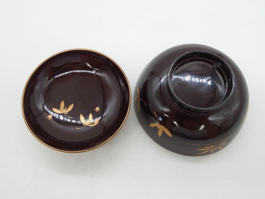 明治～大正期　輪島塗　沈金蒔絵　木製　菊竹図　雅やかな図柄が素敵な蓋付お椀6客セット(漆器、漆芸、金彩、和食器)(R-077232)