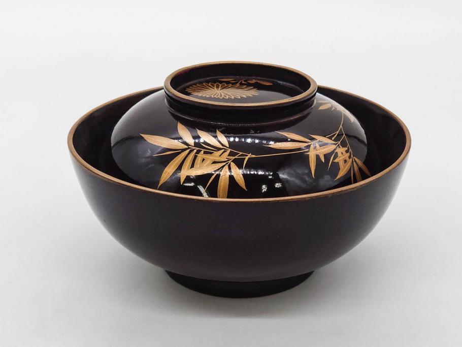 明治～大正期　輪島塗　沈金蒔絵　木製　菊竹図　雅やかな図柄が素敵な蓋付お椀6客セット(漆器、漆芸、金彩、和食器)(R-077232)