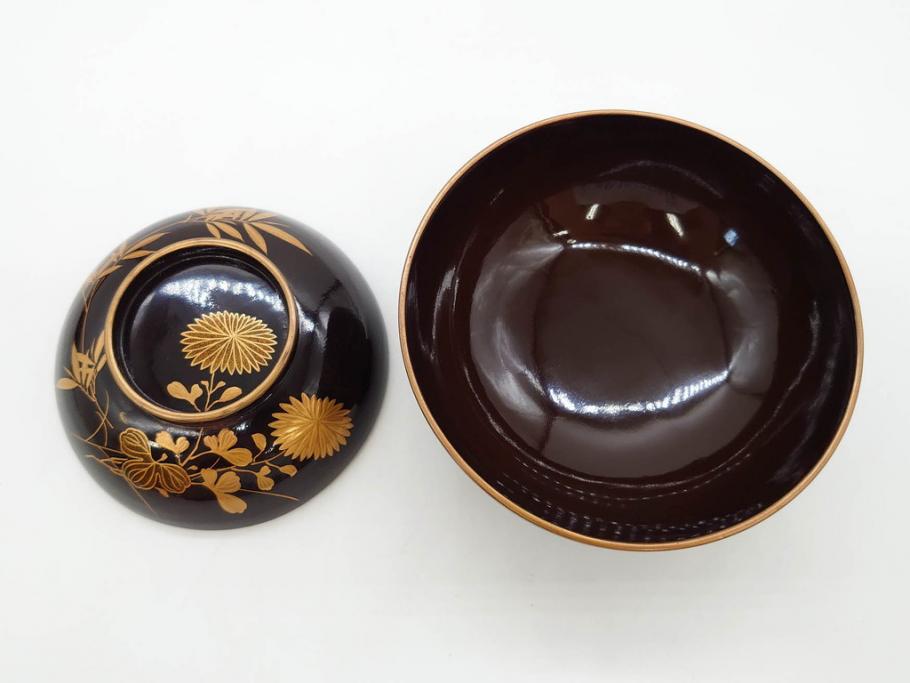 明治～大正期　輪島塗　沈金蒔絵　木製　菊竹図　雅やかな図柄が素敵な蓋付お椀6客セット(漆器、漆芸、金彩、和食器)(R-077232)