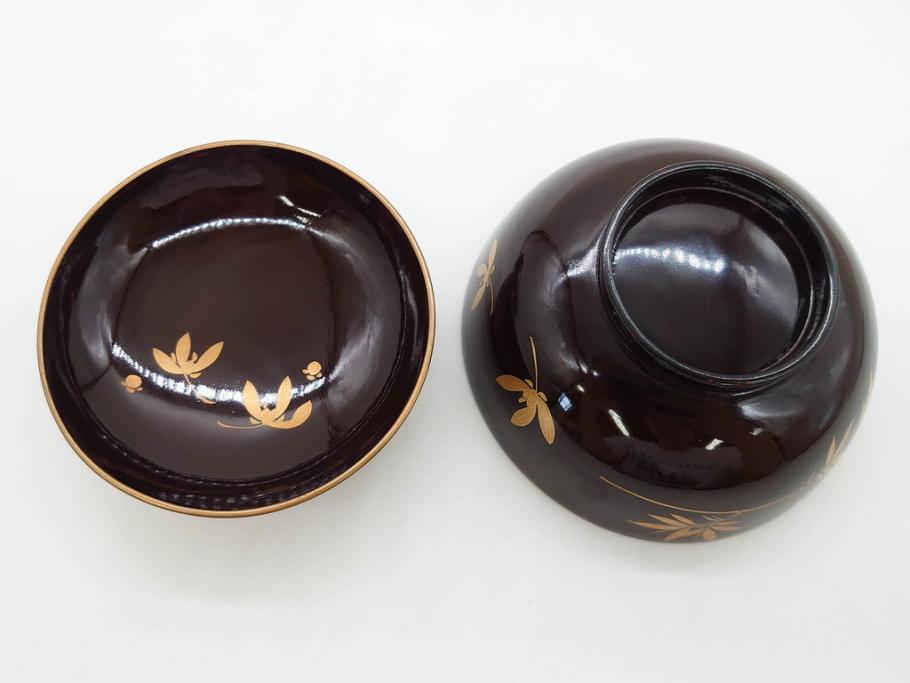 明治～大正期　輪島塗　沈金蒔絵　木製　菊竹図　雅やかな図柄が素敵な蓋付お椀6客セット(漆器、漆芸、金彩、和食器)(R-077232)