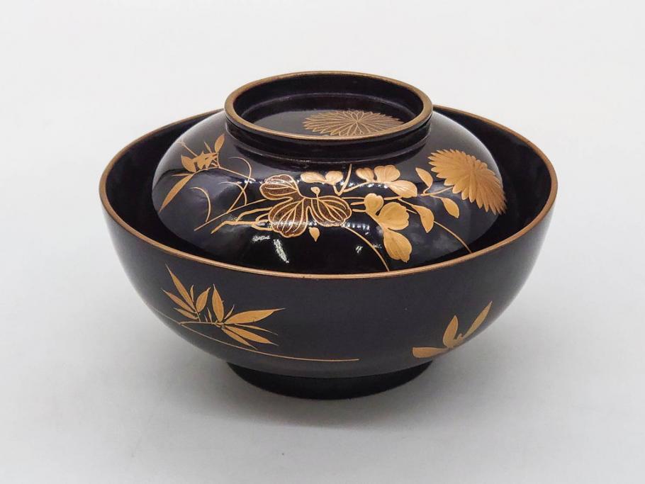 明治～大正期　輪島塗　沈金蒔絵　木製　菊竹図　雅やかな図柄が素敵な蓋付お椀6客セット(漆器、漆芸、金彩、和食器)(R-077232)