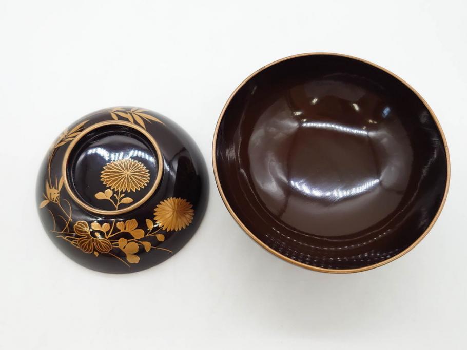 明治～大正期　輪島塗　沈金蒔絵　木製　菊竹図　雅やかな図柄が素敵な蓋付お椀6客セット(漆器、漆芸、金彩、和食器)(R-077232)