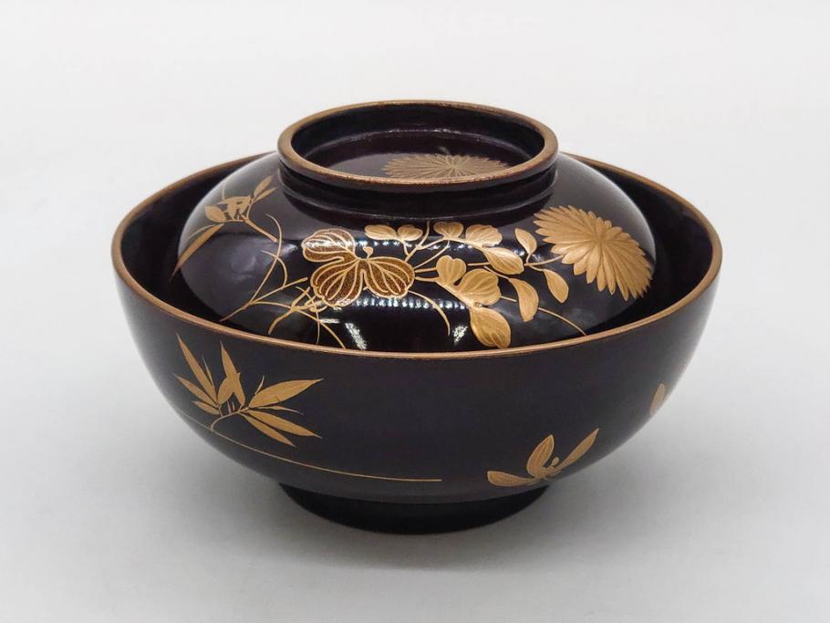 明治～大正期　輪島塗　沈金蒔絵　木製　菊竹図　雅やかな図柄が素敵な蓋付お椀6客セット(漆器、漆芸、金彩、和食器)(R-077232)