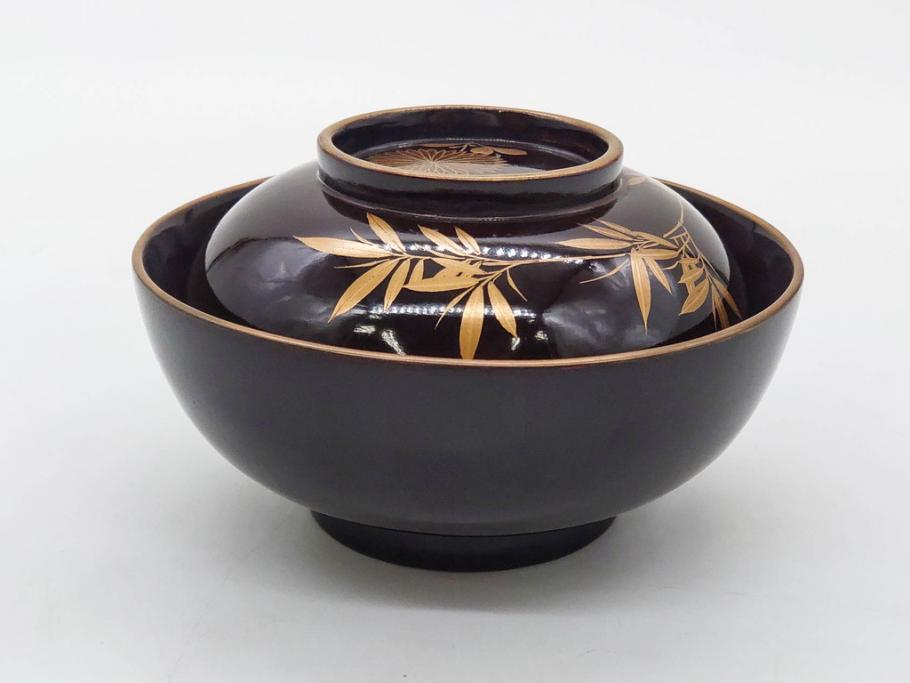 明治～大正期　輪島塗　沈金蒔絵　木製　菊竹図　雅やかな図柄が素敵な蓋付お椀6客セット(漆器、漆芸、金彩、和食器)(R-077232)